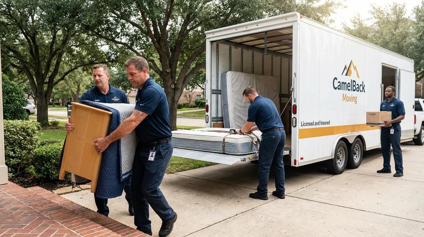 Crew loading residential truck for cross-state move from Somonauk, IL