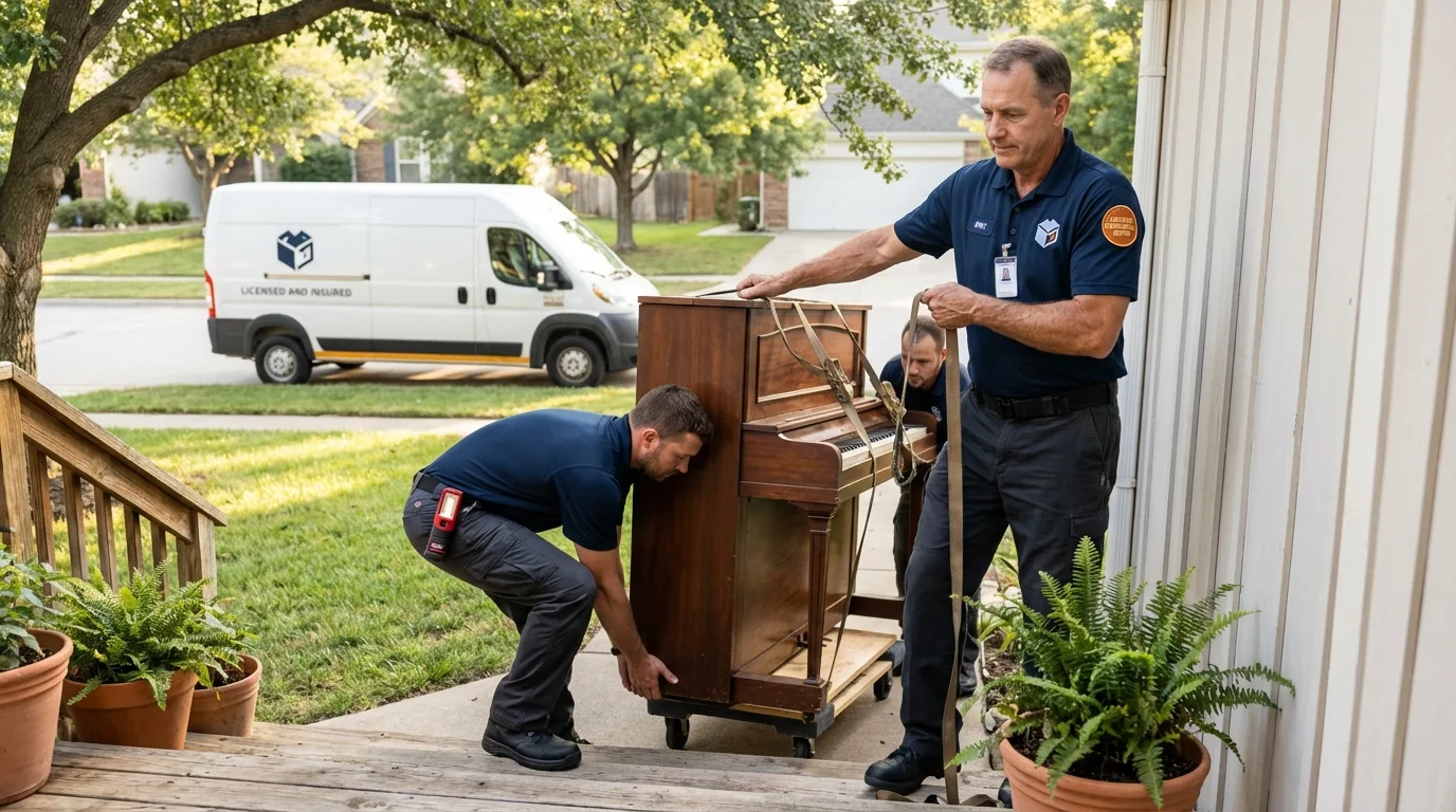 Licensed piano movers securing grand piano in Somonauk, IL