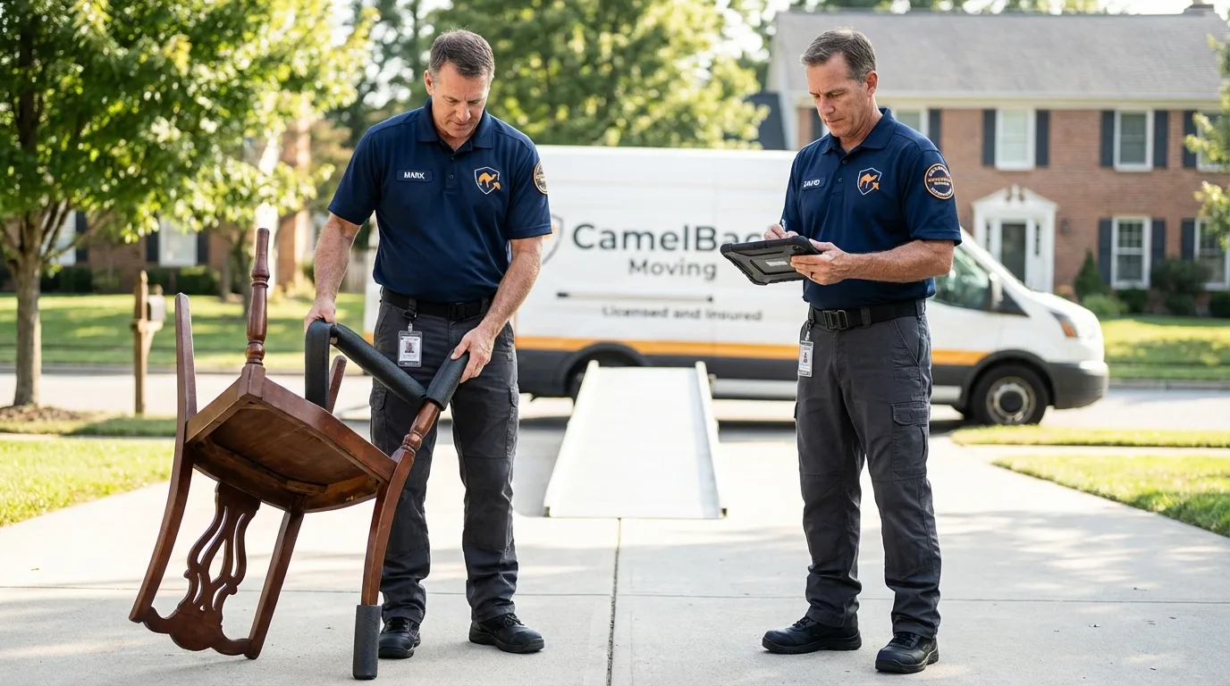 Movers inspecting furniture for damage prevention before loading in Somonauk, IL