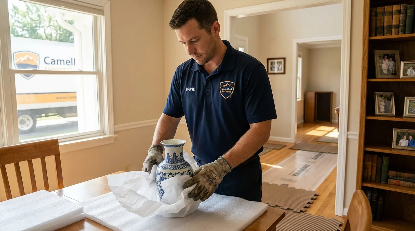 Professional crew carefully wrapping antique vase for senior downsizing move in Somonauk, IL