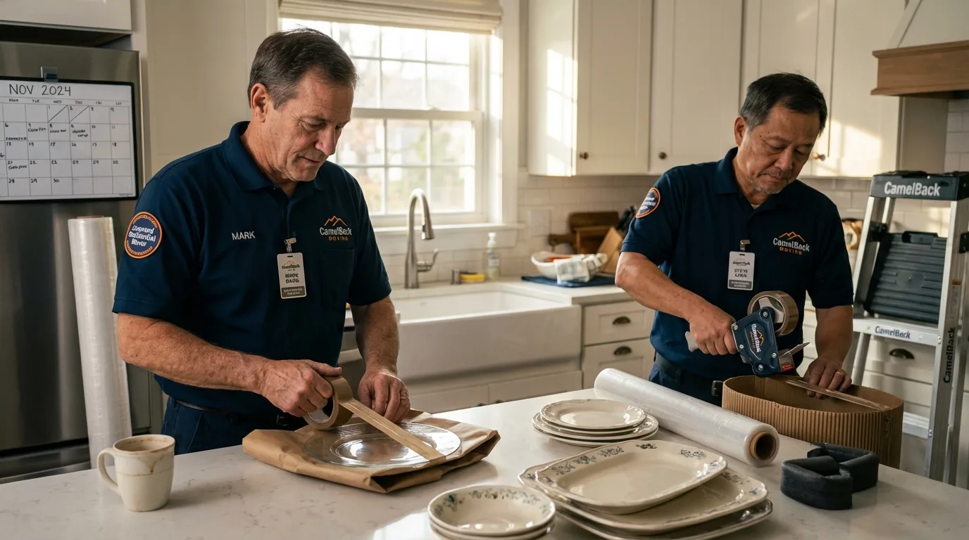 Professional crew packing kitchen dishware in Somonauk, IL
